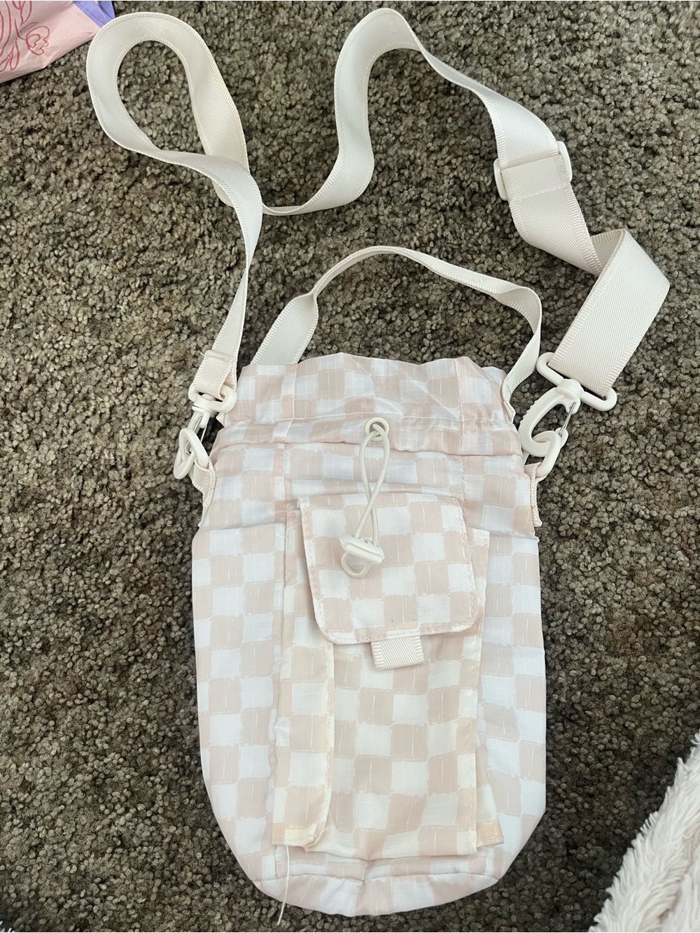 Checkerboard Crossbody water bottle Pouch - Cream tan